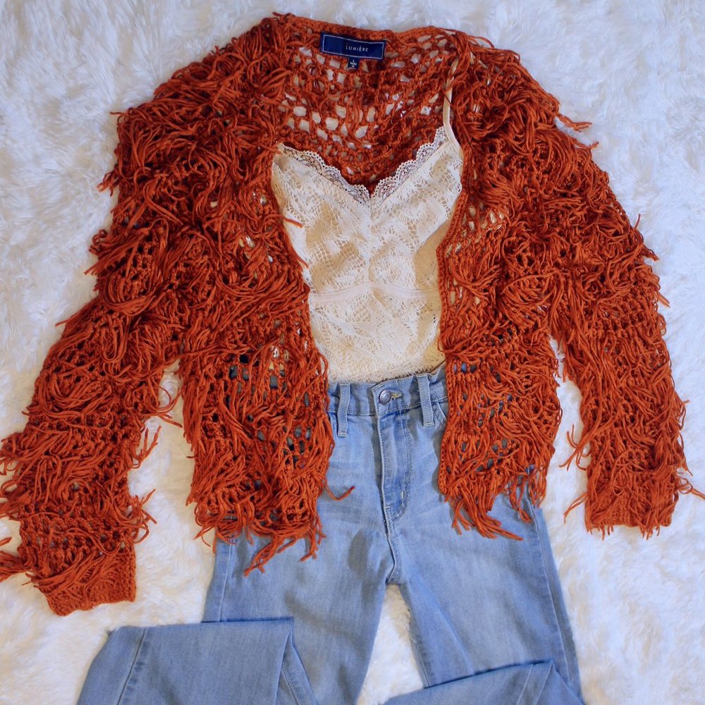 Knit Fringe Rust Jacket - Picture 3 of 8